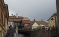 Vintage facades with stone road in Sibiu Romania