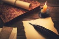 Vintage feather with paper and old book on table