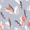 Vintage feathers drawing. Watercolor seamless pattern. Background with dots Royalty Free Stock Photo