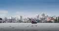 Vintage ferry with cityscape background