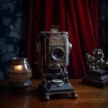 Vintage fictional style camera in retro style setting with background boho lighting.