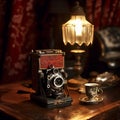 Vintage fictional style camera in retro style setting with background boho lighting.