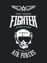 Vintage fighter pilot helmet vector logo isolated on dark background.