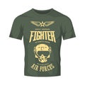 Vintage fighter pilot helmet vector logo isolated on khaki t-shirt mock up.