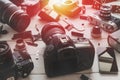 Vintage Film Camera And Digital Camera Technology Development Concept With Sunlight Royalty Free Stock Photo