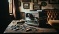 Vintage Film Camera and Photos on Wooden Table Royalty Free Stock Photo