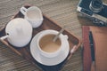 Vintage Film Look: cup of coffee with camera and notebook