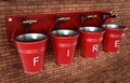 Vintage fire buckets hanging on the wall. 3D illustration Royalty Free Stock Photo