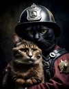 Vintage Firefighter Cat with Companion Royalty Free Stock Photo