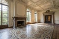 Vintage fireplace and ornate patterned flooring