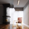 Vintage fireplace and wood furniture in white loft interior 3d render