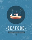 Vintage fish and boat logo. Retro sea poster with trawler signs. Fresh seafood store or restaurant. Cafe flyer. Marine