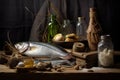 Vintage fishing accessories and supplies still life. Generative AI