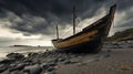 Vintage fishing boat evoking nostalgia on serene seashore, recalling tranquil coastal days