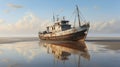 Vintage fishing boat on sandy seashore evokes peaceful recollections of serene coastal days