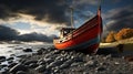 Vintage fishing boat on sandy seashore a nostalgic reminder of tranquil coastal days