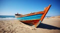 Vintage fishing boat on sandy seashore a nostalgic reminder of tranquil coastal days