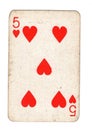 A vintage five of hearts playing card.