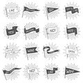 Vintage flag banner. Hand drawn retro flags welcome, lets go and get started scroll banners with starburst rays isolated
