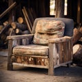 Vintage Flannel Armchair With Rustic Charm And Timber Frame Construction