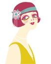 Vintage flapper girl portrait 1920s style fashion dress and accessories. Vector retro woman with dark hair and beads on her neck