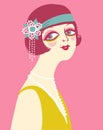 Vintage flapper girl portrait 1920s style fashion dress and accessories. Vector retro woman with dark hair and beads on her neck