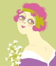 Vintage flapper girl portrait 1920s style fashion dress and flowers. Vector retro woman with pink hair and green ribbon on her Royalty Free Stock Photo