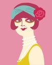 Vintage flapper girl in 1920s style fashion dress. Vector retro woman with fashion vintage accessories on pink background Royalty Free Stock Photo