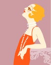 Vintage flapper girl in 1920s style fashion red dress. Vector retro woman with blond hair and fashion lond beads on her neck Royalty Free Stock Photo