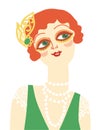 Vintage flapper smiling woman portrait in 1920s style fashion with red hair. Vector retro style flapper girl with retro green Royalty Free Stock Photo