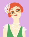 Vintage flapper smiling woman portrait in 1920s style fashion with red hair. Vector retro style flapper girl with retro green Royalty Free Stock Photo