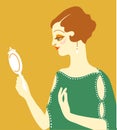 Vintage flapper woman 1920s style in green fashion dress. Vector retro woman with brown hair looks mirror