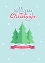 Vintage flat Merry Christmas and Happy New Year greeting card with fir trees and snow hills on the dotted cyan background. Royalty Free Stock Photo