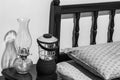 Vintage flat-wick kerosene oil lamp and modern battery operated lamp Royalty Free Stock Photo