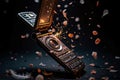 Vintage flip phone exploding with modern technology and feathers in motion