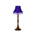 Vintage floor lamp with tall wooden stand and blue lampshade. Interior object. Antique home furniture. Flat vector icon