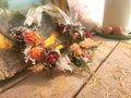 Rustic Wreath of Flowers on Wooden Table with Old Painting in Antique Frame, Floristry Aesthetic Farmhouse Countryside Farm Attic Royalty Free Stock Photo