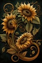 Vintage floral background with sunflowers in grunge style.