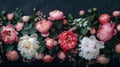 Vintage Floral Banner with Pink Peonies and White Roses on Black Background - Perfect for Cover or Header Design Royalty Free Stock Photo