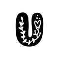 Vintage floral bold Letter U Logo spring. Classic U Summer Letter Design Vector with Black Color and Floral Hand Drawn