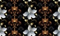 Vintage floral 3d seamless pattern. Vector damask background wallpaper with white 3d lily flowers, gold swirl Royalty Free Stock Photo