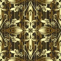 Vintage floral gold 3d vector seamless pattern. Striped textured gold and black background. Ornate antique style Damask ornament. Royalty Free Stock Photo