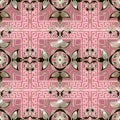 Vintage floral greek vector seamless pattern. Greek key meanders ornament. Damask pink background. Vintage gold baroque Royalty Free Stock Photo