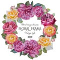 Vintage floral greeting card with a frame of watercolor roses and peonies. Royalty Free Stock Photo