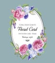 Vintage floral greeting card with watercolor roses and iris. Royalty Free Stock Photo