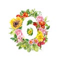 Vintage floral numeral 6 - six from wild flowers and meadow grass. Water color