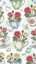 Vintage Floral Pattern with Tea Cups Royalty Free Stock Photo