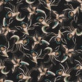 Vintage floral print for fabric, seamless pattern on a black background with vanilla, lily, orchid flowers. Textile ornament