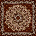 Vintage floral round mandala seamless pattern. Surface textured ornamental dark red background. Gold ornate flower. Stitching. Royalty Free Stock Photo
