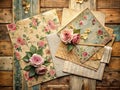 Vintage Floral Script Decor on Distressed Rustic Wood A Collection of Aged Paper Scraps Royalty Free Stock Photo